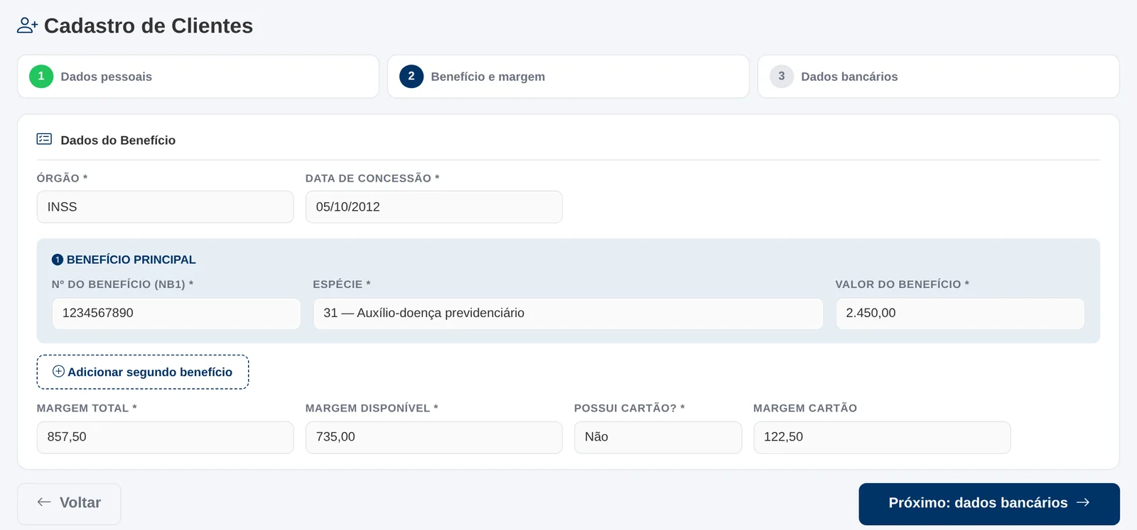 Segunda etapa do cadastro de cliente: órgão, benefício, espécie, valor do benefício e margens