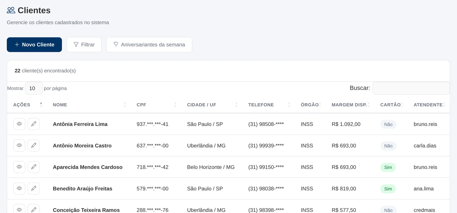 Lista de clientes com CPF mascarado, cidade, telefone, órgão, margem disponível, cartão e atendente
